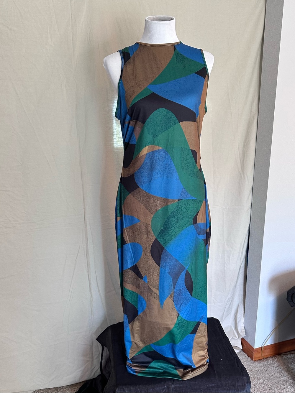 SHEIN Abstract Sleeveless Maxi Dress in Blue, Green & Brown XL bodycon like new